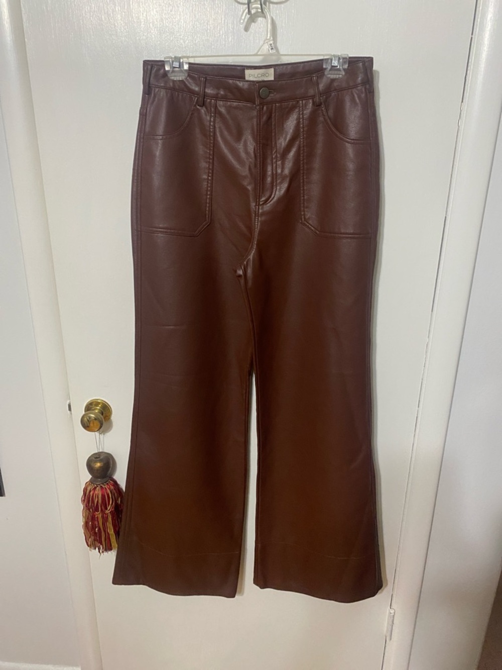 The Ryan Relaxed High rise Pilcro Brown Faux Leather Flare Pants - Picture 4 of 10